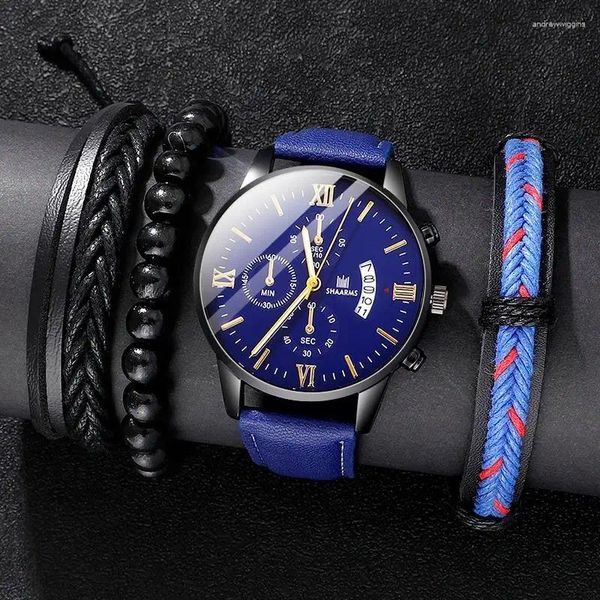 Orologi da polso 4 pezzi set uomini guardano la fascia calendario in pelle calendario militare orologi da uomo di lusso casual quarzo regali di orologio maschile