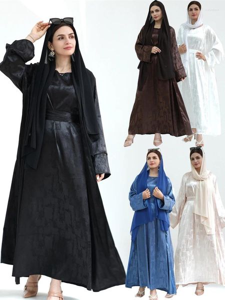 Roupas étnicas Ramadã Eid Dubai Black Satin Abaya Turquia Islam Kimono Muslim Dress Sets Roupas de oração para mulheres Kaftan Robe Femme