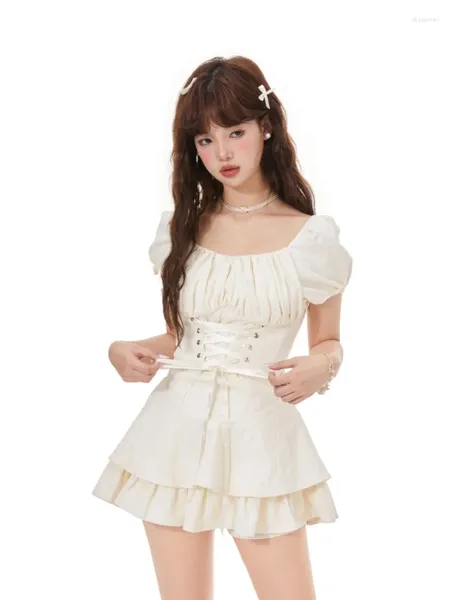 Lässige Kleider Qweek Coquette Y2K Kawaii süße Verband Mini Kleid süße Mädchen 2024 Japanische Harajuku -Kuchen Party Kurzer Lolita Mode