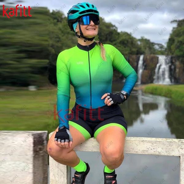 Suéter feminino Kafitt Terno de suéter de manga longa Terno de ciclismo fluorescente Roupas verdes Triatlo Mountain Bike Shorts 240508