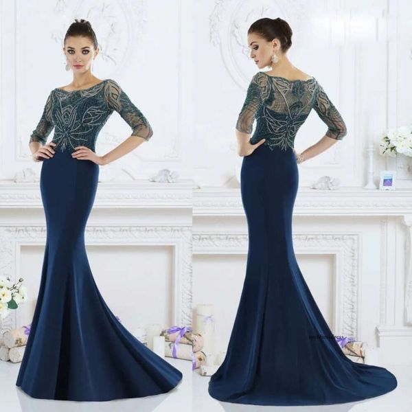 Blu navy janique sirened sibire di abiti da sposa abiti gioiello a mezza manica applique applique cristallo abito abito ospite spazzano abiti da sera treno 0508