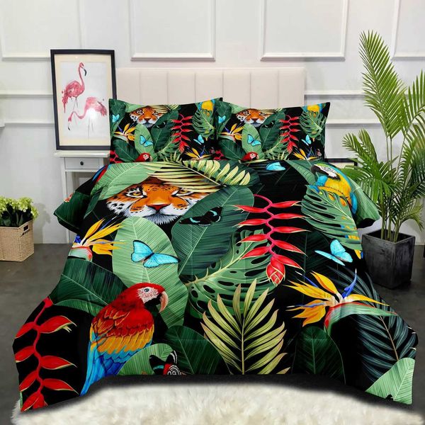 Bedding Sets Greather Cover Papagand Bedding Conjunto Tropical Palm Leaf Duvet Tampa para meninas Floral Botanical Safari Animals Birds Fresh Natural J240507