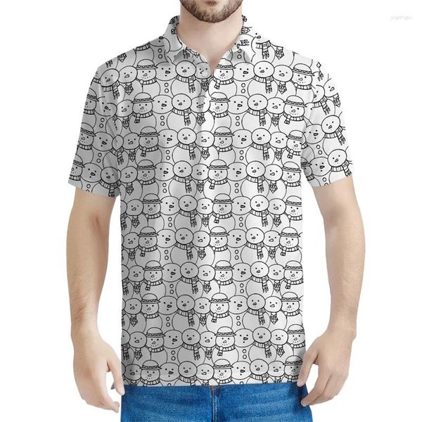 Camisa de pólo para homens de boneco de neve de cartoon para homens para homens 3D Tees impressos infantis de verão de lapela de lapela de mangas curtas Tops Botão solta camiseta solta