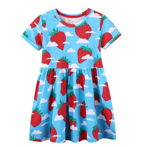 Mädchenkleider springen Messgeräte 2-7T Erdbeer Sommer Prinzessin Girls Kleidungskleider süße Babykleider Kurzarm Baumwoll Kostüm Kinder Wearl2405