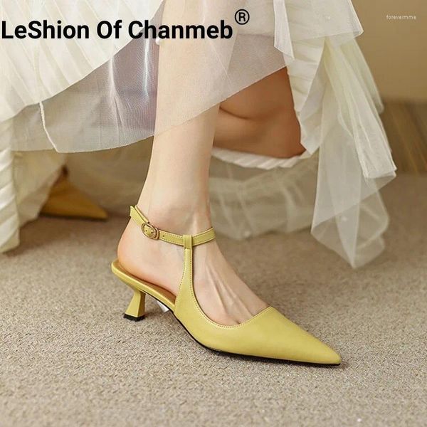 Kleiderschuhe Leshion von Chanmeb echte Ledersandalen für Frauen Kätzchen Heels Pointy Closed Toe Yellow Sandale Frau Knöchelgurt Schnalle