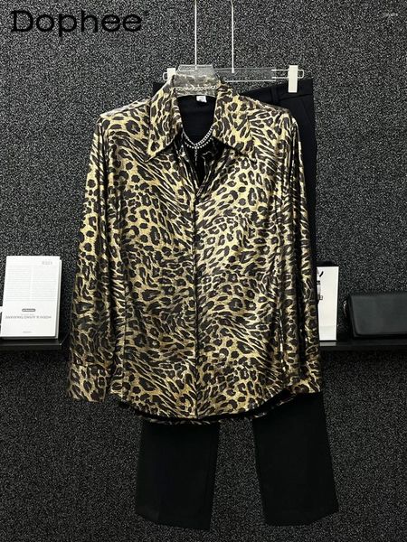 Camisas casuais masculinas 2024 Impressão de leopardo de manga longa de manga longa camisa multifuncional solta conforto com os ombros acolchoados tops masculinos da moda