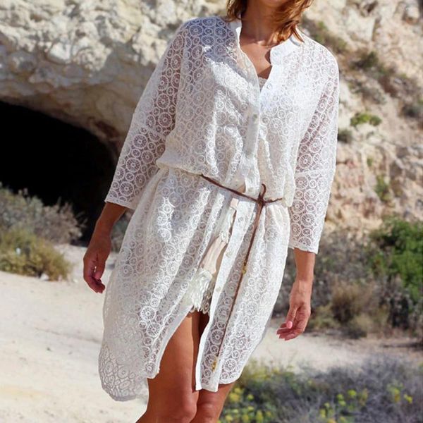 Abiti casual Summer Bohemian Lace Shirt per donne Abito da spiaggia a manica lunga Coperchio da spiaggia elegante Tunica bianca