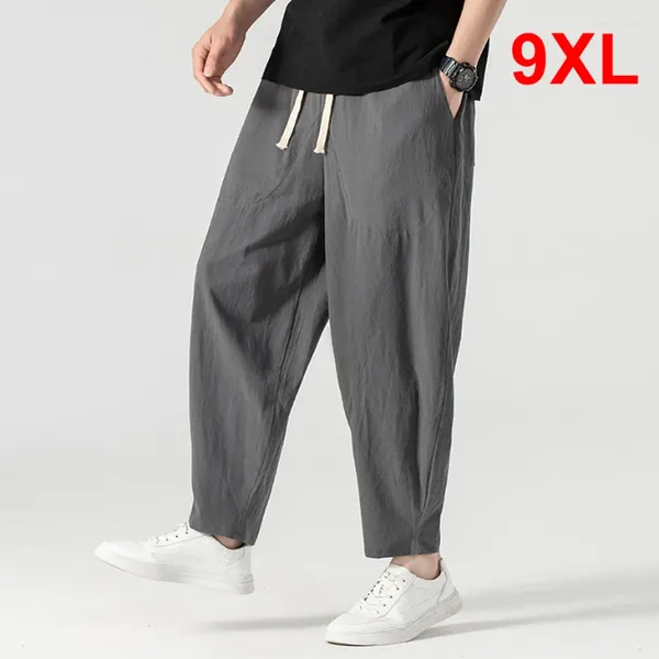 Calça masculina masculina de linho folgada plus size 9xl de verão no tornozelo de verão macho de cor sólida