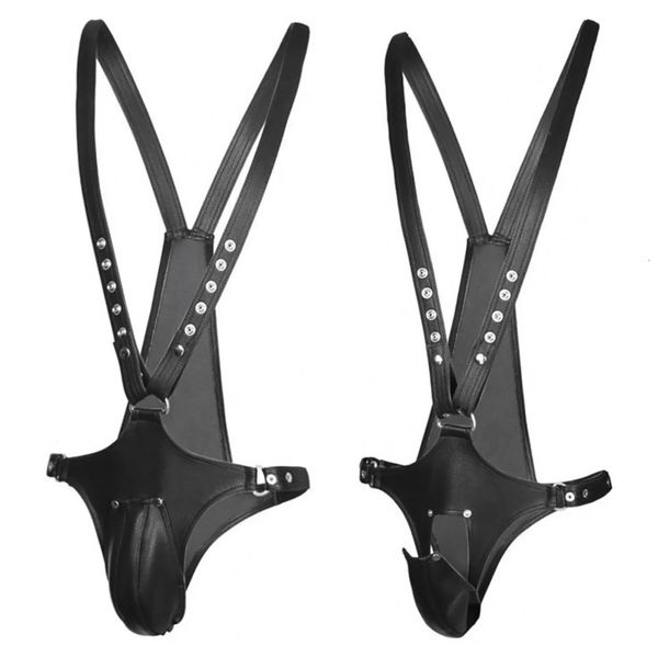 Calça de couro, roupas íntimas sexy para jogos de adultos homens gays castidade gaiola strapon bondage conjunto de brinquedos sexuais casais produtos eróticos 240507