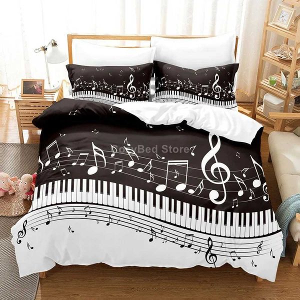 Conjuntos de roupas de cama Música Nota Bedding Black and White 3D Down Duvet Conjunto de linho de cama confortável Double grande tamanho único Piano J240507