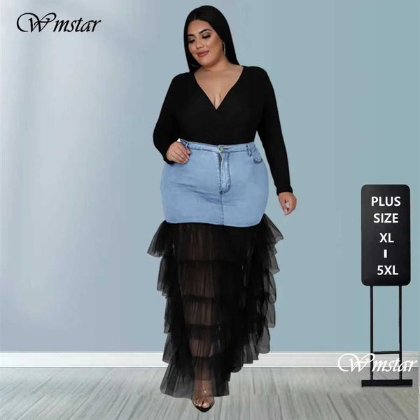 Saias wmstar plus size limitado a esqui a mulheres roupas jeans maxi com remendo de malha trabalho sexy por atacado Direct frete 2022 q240507