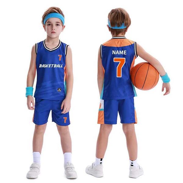 Jerseys Custom Kids Basketball Jersey Primary School Basketball Uniform Set Breathable Roupas sem mangas camisa de basquete para menino H240508