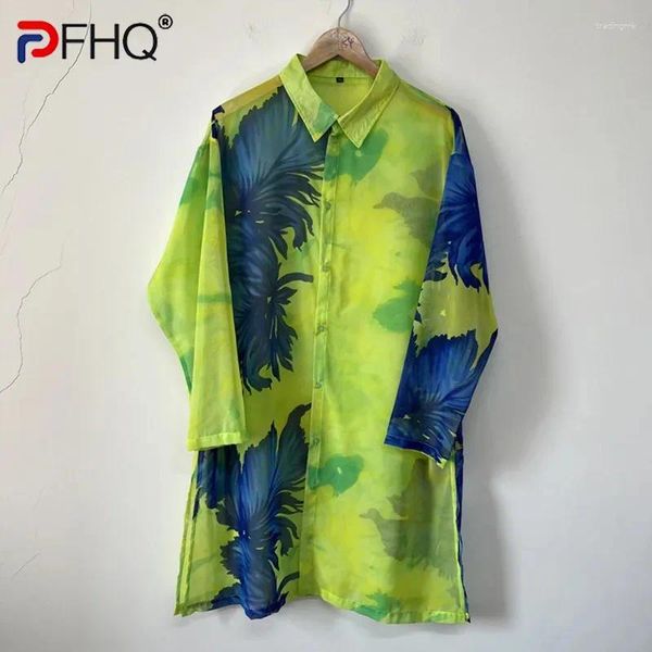 Herren lässige Hemden PFHQ fluoreszierende asymmetrische gedruckte kontrastierende Farbe transparent Chiffon Dünne männliche Robe Tops Sommer 21Z4664