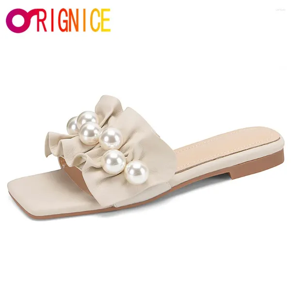 Scarpe casual Orignice 2024 Ruffles Sweet Pearl Women Sandals Square Peep Toe Volina Piatti di pelle Slifori Fascilla