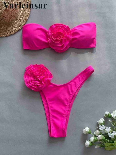 Moda de banho feminina 3D Flowers Bandeau sem alças biquíni listrado Mulheres roupas de banho feminina maiô de biquíni biquíni biquíni batina maiô nadar v4938h wx