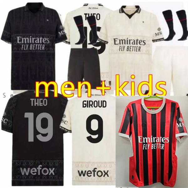 Erkekler+Kids Quarta Maglia Milan Milan Rafa Leao Pulisic Futbol Formaları 2024 Musah Tomori Diaz Giroud Rebic Calabria Bennacer Erkekler Fens Jovic Milan 4 Maglia