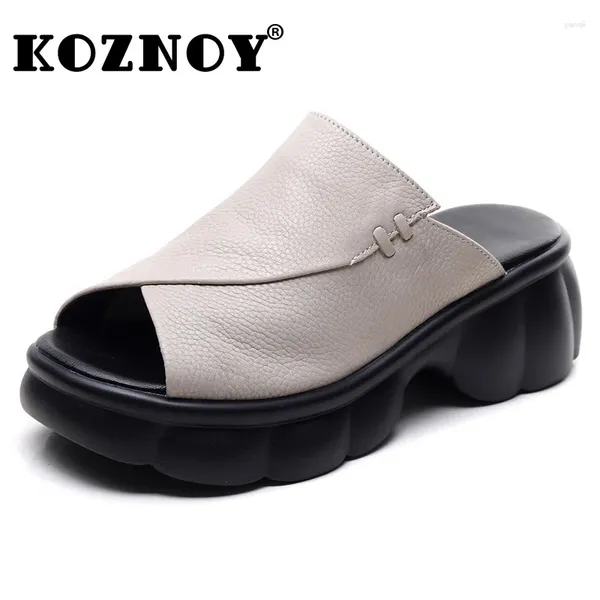 Hausschuhe Koznoy 6cm Kuh Echtes Leder Sommerflat auf Gummi -Comfy Women Peep Zeh gute Slipper Flexible Plattform Leichte Schuhschuhe