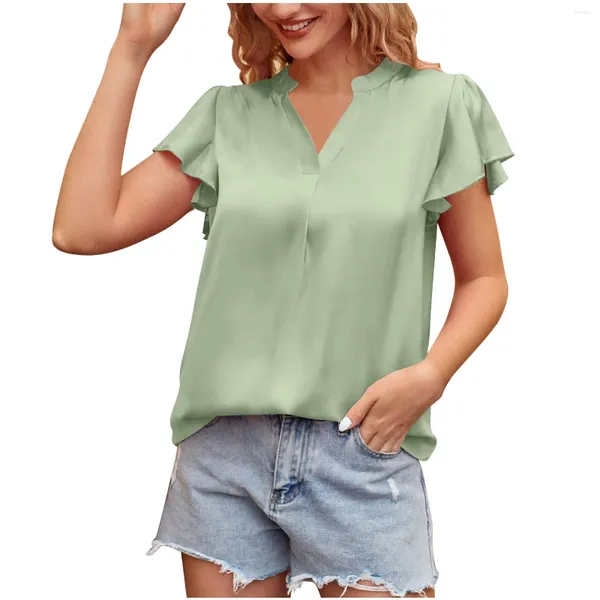 Blouses feminina Camisetas de manga curta de verão Moda moda simples de cetim de cetim temperamento comuter color sólida v colho de pescoço