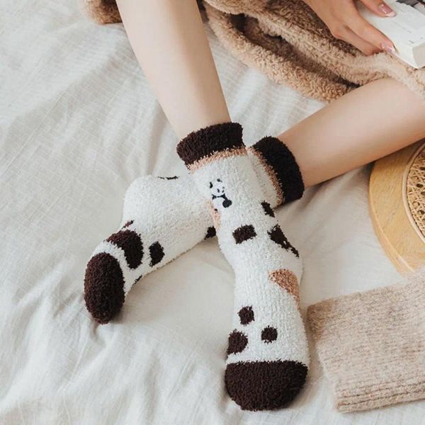 Mulheres meias de bordado térmico de panda interior para meninas piso outono o inverno para casa dormindo