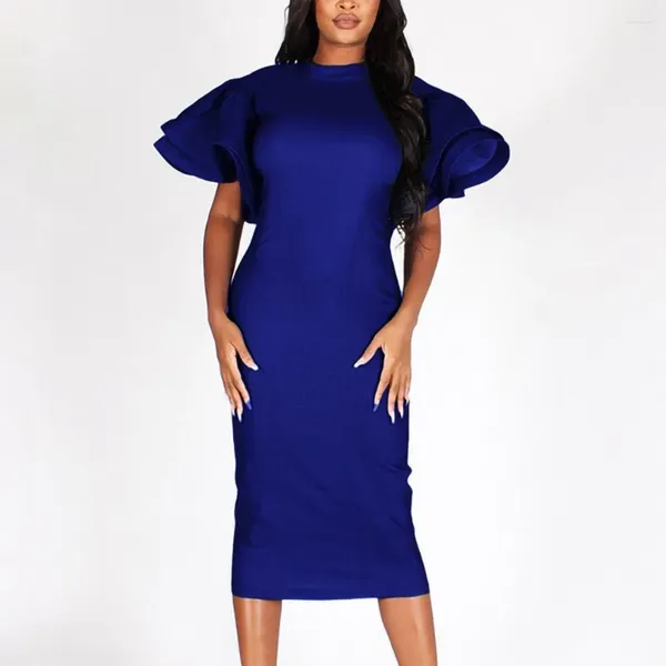 Vestidos de festa jeans Bodycon para mulheres o pescoço de babados de manga embalagem pacote de pacote de quadris no meio da panturrilha elegante jantar vestidos mujer