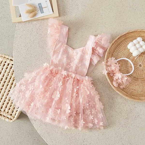 Mädchenkleider Suefunskry Baby Girls Jumpsuit 3d Blumenhülsengurt mit geschichteten Skigem für Kinder eng sitzende Kleidung240508