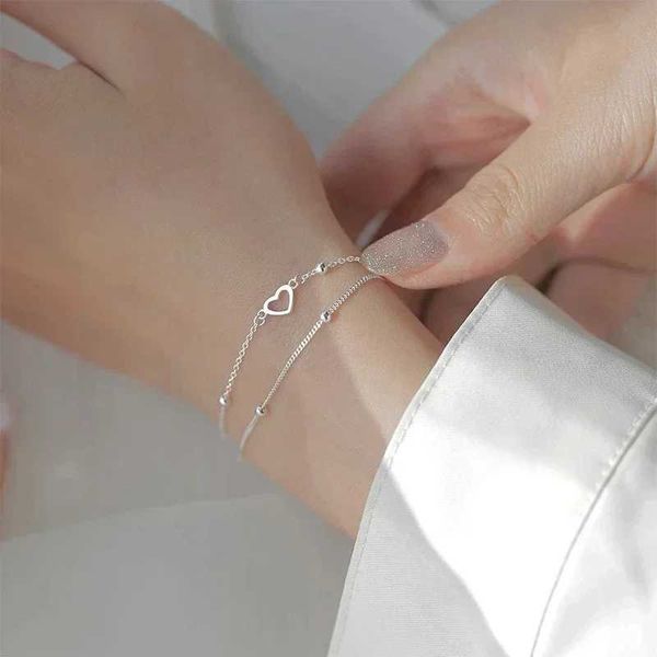 Bracciale 925 sterling in argento doppio amore cuore cavo perline rotonde bracciale femmina di moda romantica gioielli classici regali regolabili