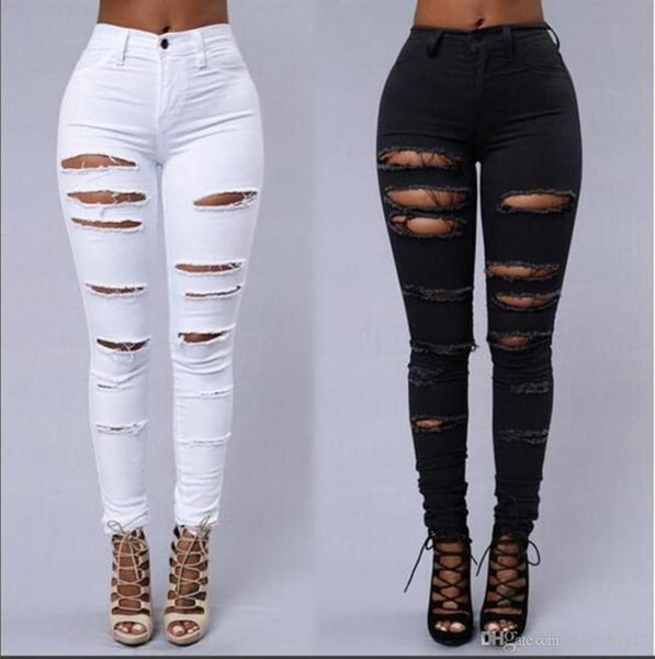 High Street Women Skinny Jeans Seksi Yırtık Cilt Sıkı Kot Moda Siyah ve Beyaz Kalem Denim Pantolon275C8721109