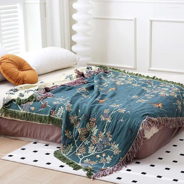 Coperte AB Side cotone garza coperta jacquard uccello floreale divano asciugamano copritono copritura del letto per asciugamani e lanci di coppie