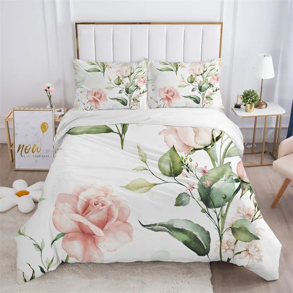 Conjunto de cama branca de flor rústica folhas de microfibra folhas de edredão floral colcha de impressão 3D com travesseiros decoração de quarto 240426