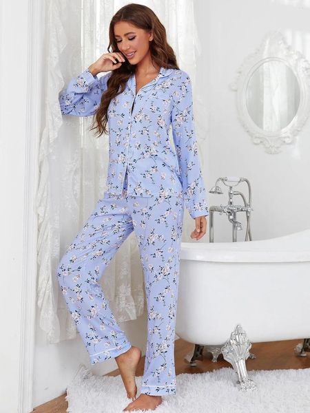 Frauen Nachtwäsche Blumendruck Blaues Pyjama Set für Frauen Baumwolle Langarmknopf Down Lounge Nachtwäsche in voller Länge unterer Bodenkragen in voller Länge