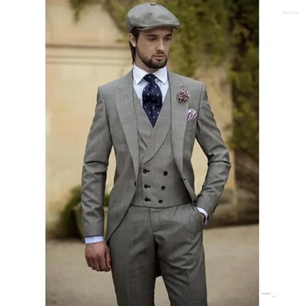 Erkekler Üç Parçalı Erkekler Vintage Gri Düğün Smokin İnce Fit Damat Giyim İş Takımı (Ceket Yelek Pantolon)