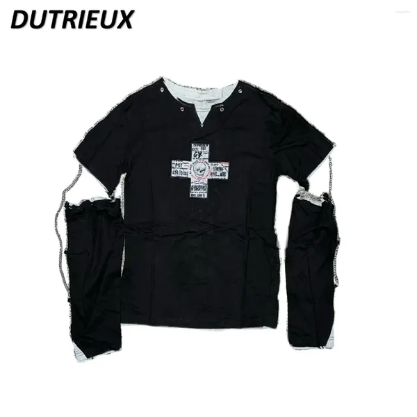 Magliette da donna Spring Autumn Dark Dark Punk in stile Croce Cranco Caspi di cuciture Tops Black Sliose Equipa