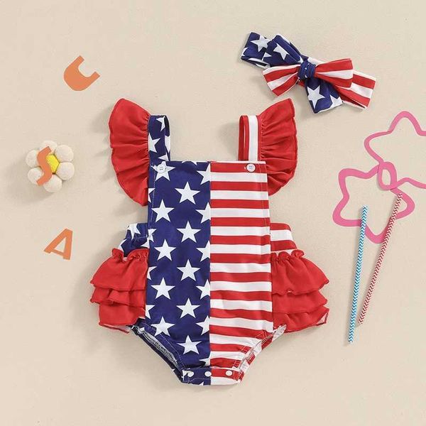 ROMPERS 4. Juli Baby Girls Outfits Stripe Star Print Fly Sleeves Square Neck Strampler mit Stirnband H240508