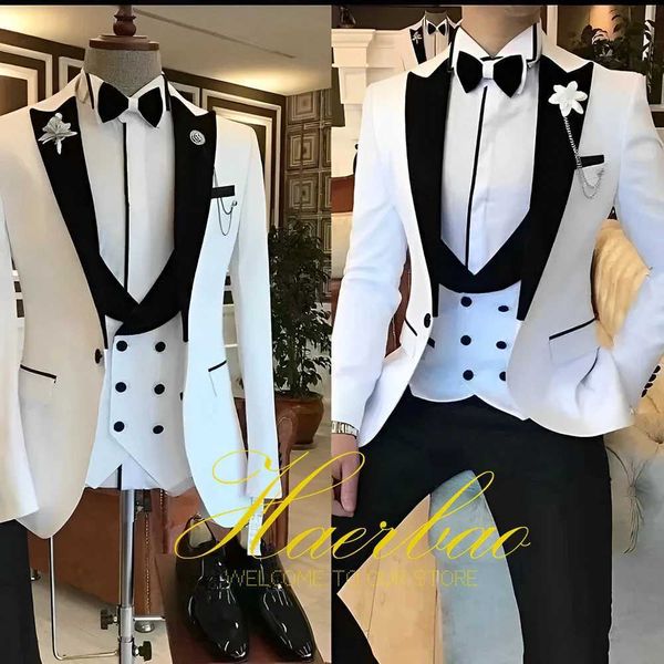 Ternos masculinos Blazers brancos masculinos de 3 peças de encaixe de encaixe slim noilcoat adequado para o noivo de casamento no estilo italiano conjunto de coletes de peito duplo q240507