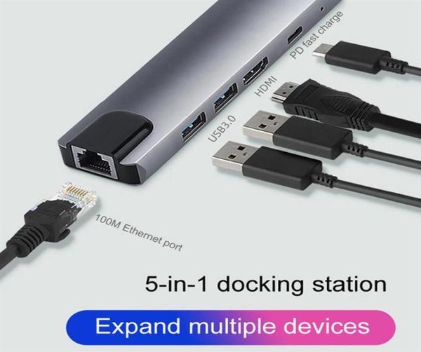 NUOVO 5IN1 USB Tipo C HUB 4K USB C A Gigabit Ethernet RJ45 Adapter LAN per PC Hub USB 3 0 con adattatore di alimentazione244e1097126