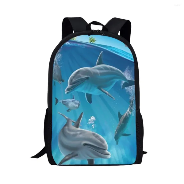 Backpack Blue Dolphin Men Men Men Bags de ombro 3D Prind Print Children School Garotos Back Pack para Mochila