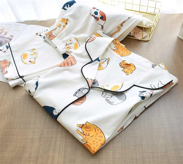 100 Baumwoll -Pyjama für Frauen süße Katzendrucken Cartoon Home Clothes 2pcs Set Nachtwäsche Frauen Topspants Nachties Pijama Anzug 2111124079584