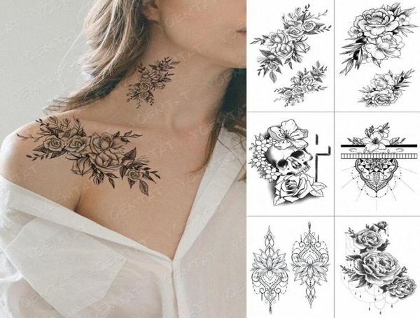 Su geçirmez geçici dövme çıkartması Çapraz kafatası çiçekleri flaş dövmeler gül şakayık vücut sanat kol transferi sahte tatoo kadınları xjzs9750929