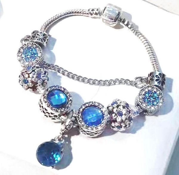 Moda Style Charm Bracelet Blue Cat Eye Stone Mulheres Charme Europeias Gotas de Oceanos Dangle encanamentos de charme colar jóias diy47707886