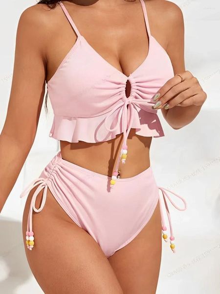 Frauen Badebekleidung 2024 Rüschen hohe Taille zweiteilige Bikini Frauen weibliche Badeanzug Badegäste Pink Blue Badeanzug Strandbekleidung Sommer