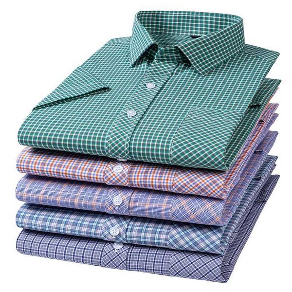 Camisas de vestido masculinas iM06 camisas xadrez xadrez curto para homem algodão Inglaterra Preppy clássico verificado verão nova roupa de moda camisas casuais d240507