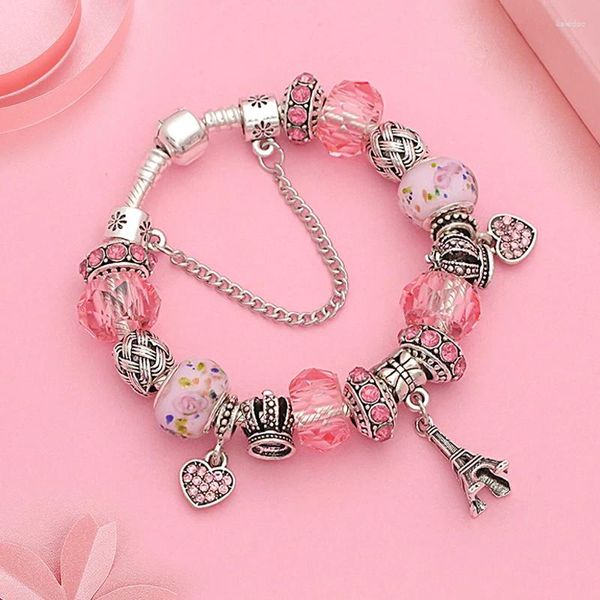 Braccialetti di fascino braccialetto romantico cristallo rosa per donna regalo regalo argento color corona perle fai -da -te gioielli torre