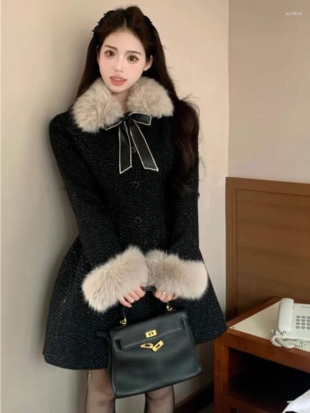 Lässige Kleider Frauen elegante Winter schwarz warm warmes A-Linie Mini Kleid Koreaner Pelzkragen Single Breace Sweet Party Lady Mode Bow