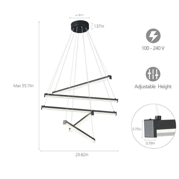 Lustre de LED preto e moderno e moderno - lustre de altura ajustável Luz linear para sala de jantar, cozinha, sala de estar, quarto - luminárias longas de tira