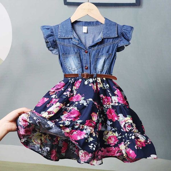 Mädchenkleider amerikanischer und europäischer Stil Denim Blumenkleider für Mädchen im Alter von 2 bis 16 Taillengürtel Casual Frog Childrens Mode Sommer Dressl2405