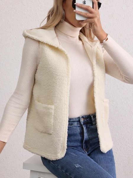 Giacche da donna ricoprono il gilet senza maniche elegante stile casual peluche con cappuccio di colore solido