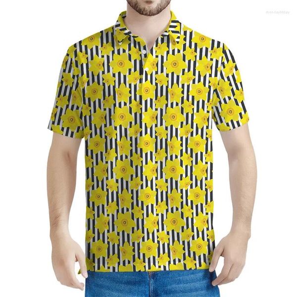 Polos de polos masculinos colorido narcodil 3d impressão de pólo floral masculino de verão casual de mangas curtas plantas de camiseta de tamanho grande