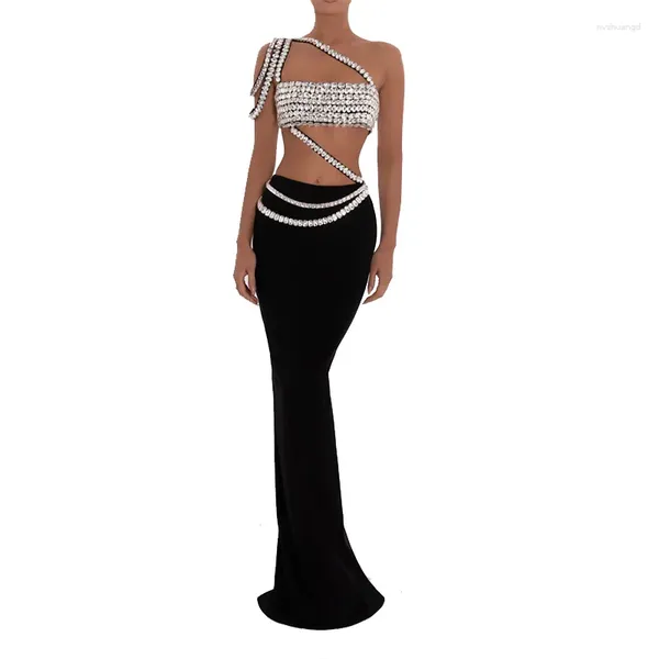 Vestidos de trabalho 2024 Summer Mulheres 2 peças Vestido de luxo Bodycon Long Crystal Bandrage Evening Party Elegant Black