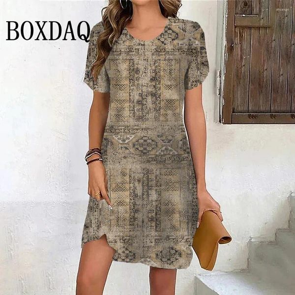 Vestidos de festa Vestido Vintage Print Print Summer Mulheres pulôver de manga curta de roupas de tamanho grande de grande tamanho casual feminino retro feminino