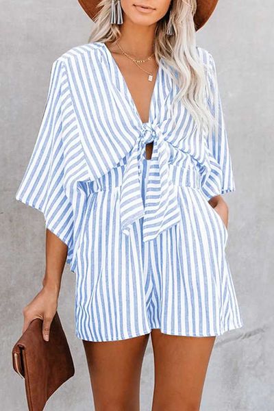 Jumpsuits für Frauen ROMPERS Damen Sex sexy Riemchen V-Ausschnitt Strampler Sommer Lose Stripe Playsuit Ladies Fashion Holiday Pants Strand Schnürung Jumpsuit Ropa Jer D240507